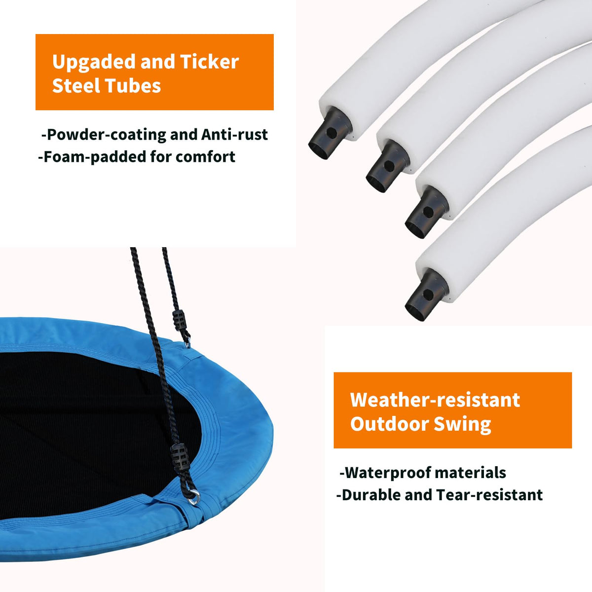 Tovini saucer swing outdoor-ready, resists sun and light rain for year-round use.