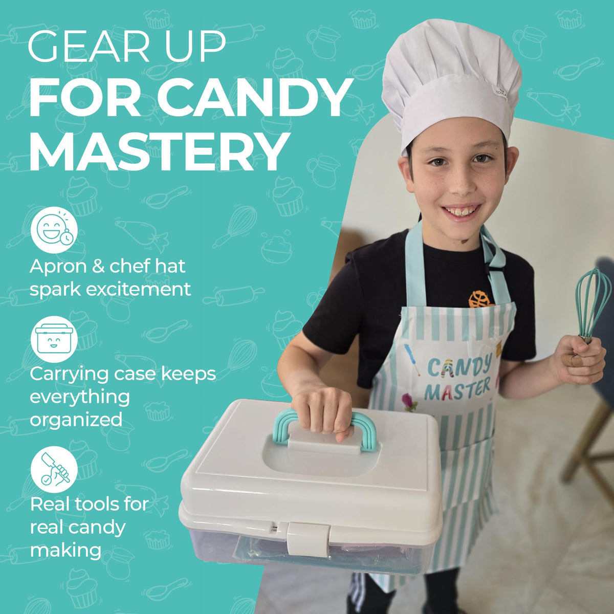 Tovla Jr apron and chef hat ready for kids in the kitchen.