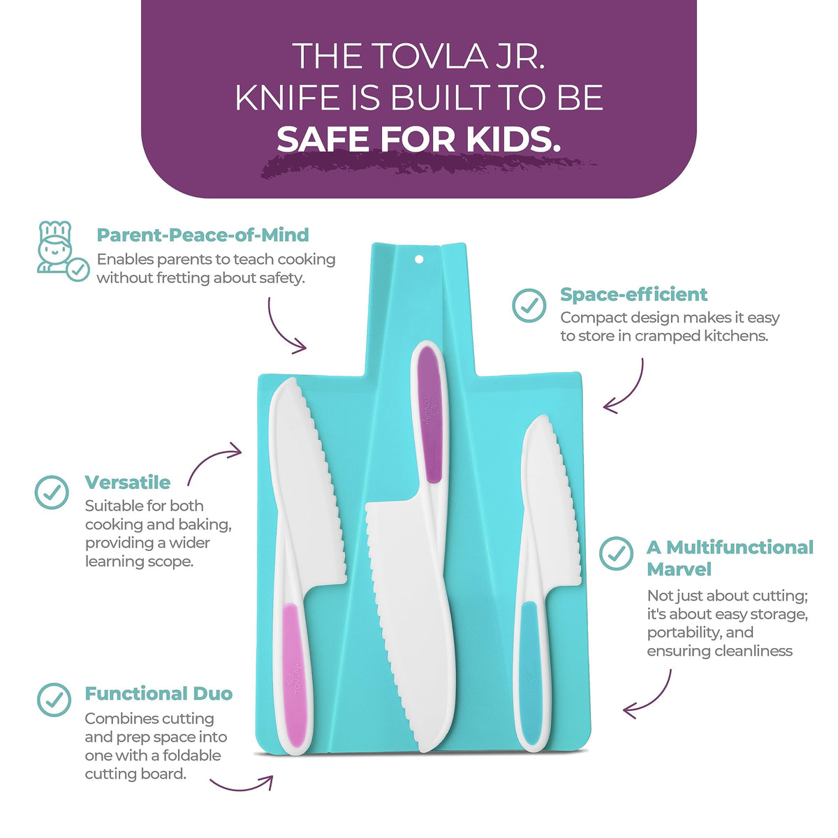 Tovla Jr knife handle with easy grip aids young cooks' confidence.