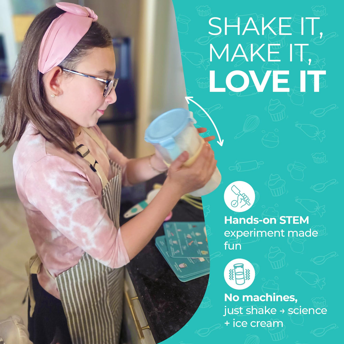 Tovla Jr shaker, scoop, and bowls in action support healthier, kid-friendly dessert experiments