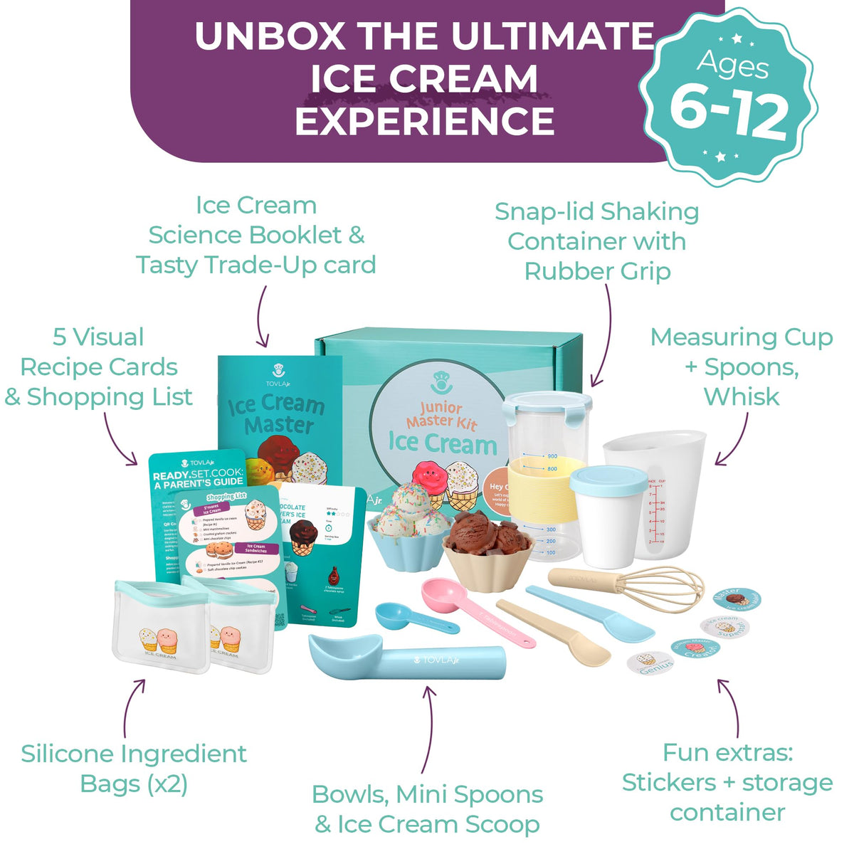 Tovla Jr tools collection highlighting scoop, bowls, and shaker for mess-free ice cream making
