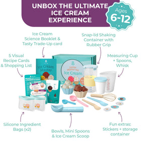 Tovla Jr tools collection highlighting scoop, bowls, and shaker for mess-free ice cream making