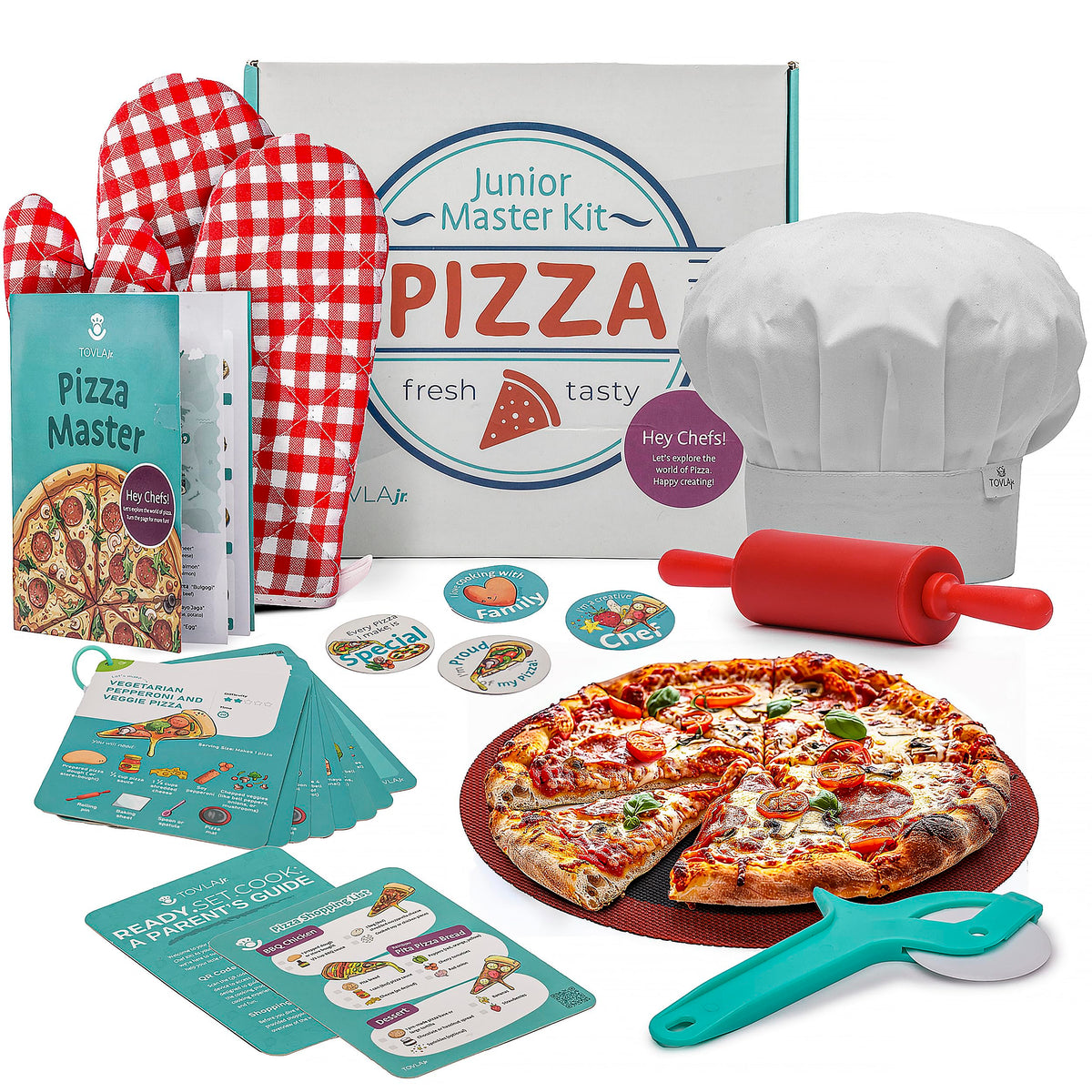 Tovla Jr Ultimate Pizza Kit main view showing kid-friendly tools for hands-on learning.
