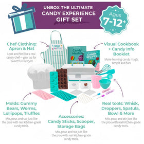 Tovla Jr visual recipe cards guide gummies and chocolates confidently.