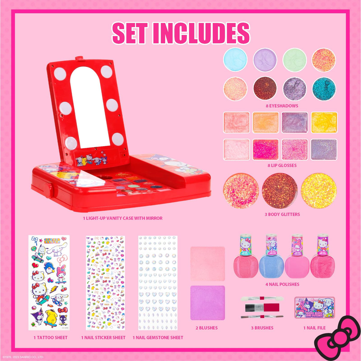 Open vanity showing lip gloss wells and playful accessories for imaginative styling.
