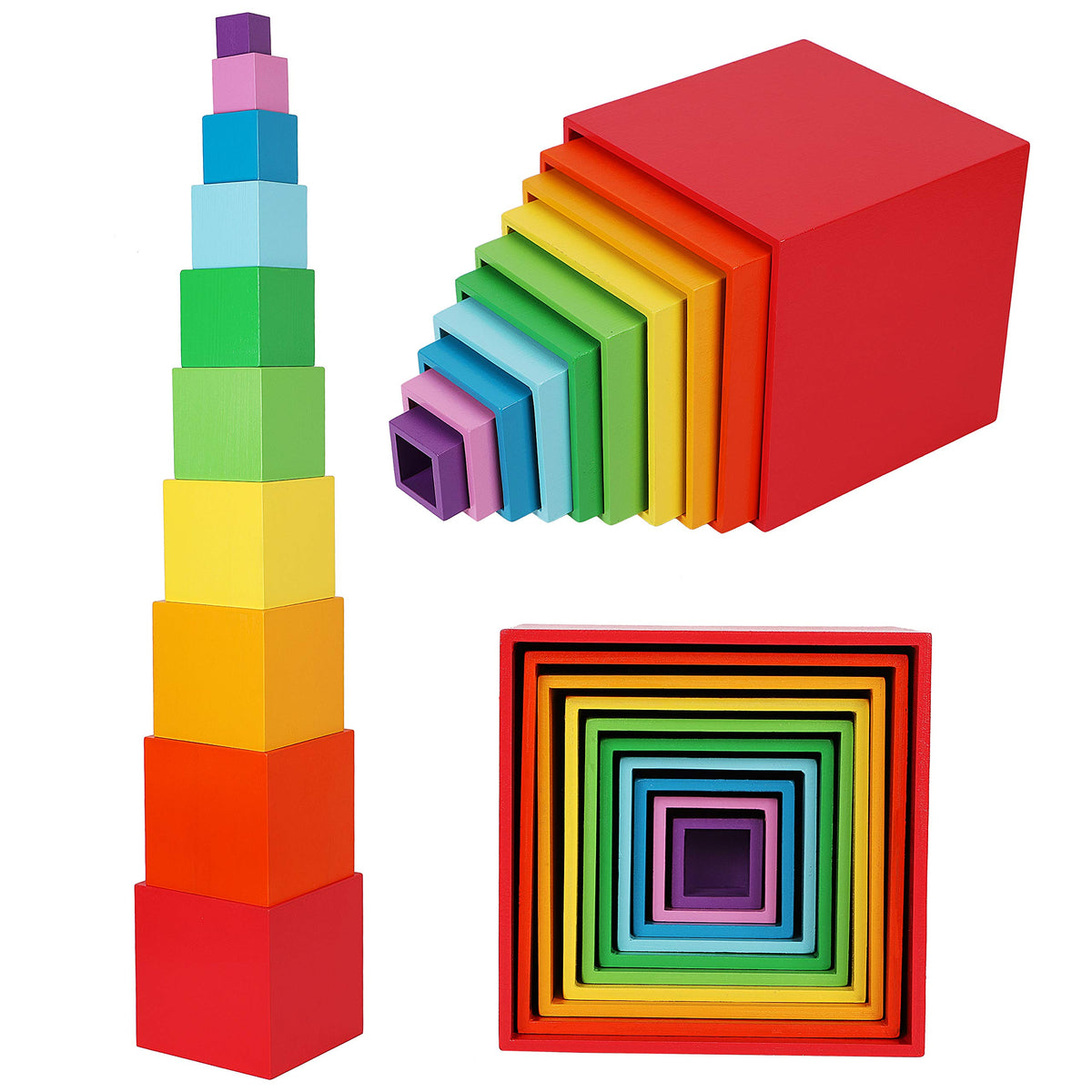 TOWO rainbow stacking boxes promote early colour recognition with bright rainbow hues.