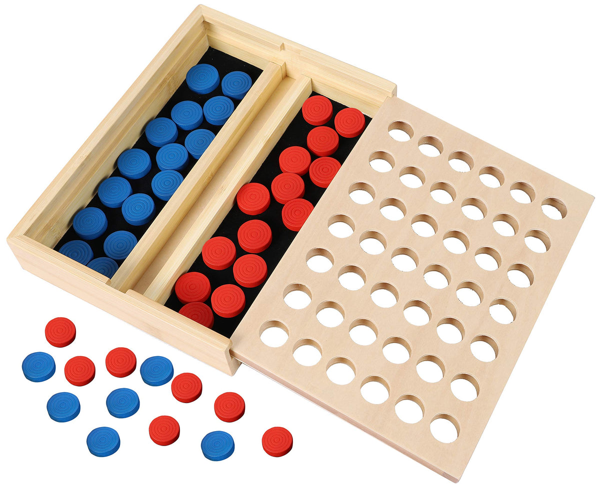 TOWO wooden 4-in-a-row discs set ready for quick setup.