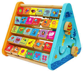 TOWO wooden activity centre triangle engaging toddlers in fine motor play.