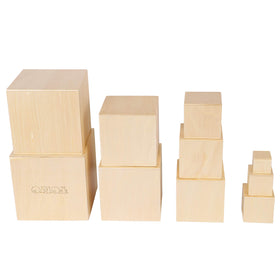 TOWO wooden stacking boxes nested inside the colorful storage box