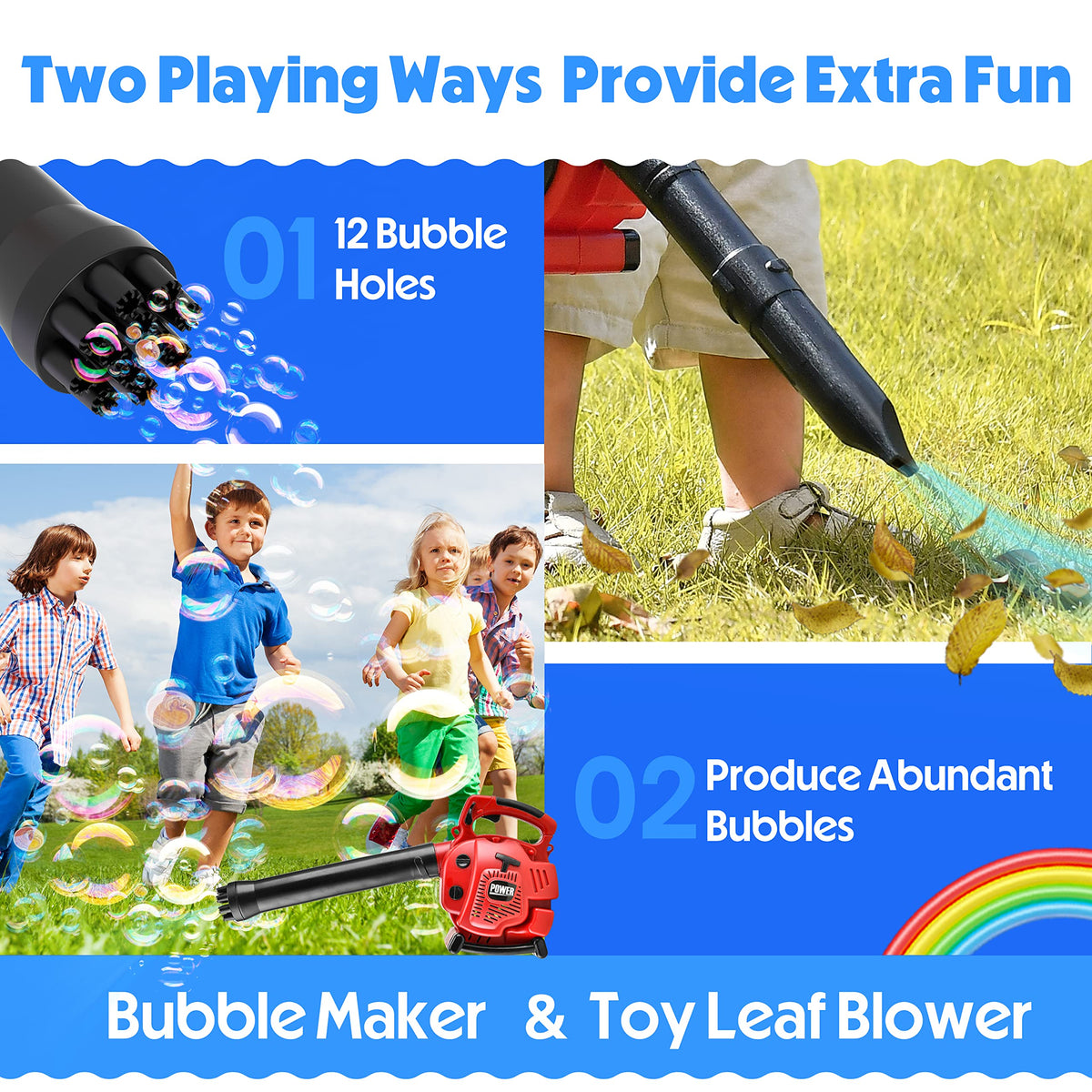 Toy Choi's 2-in-1 Bubble Leaf Blower kit blends bubble fun with backyard role play.