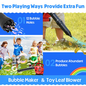 Toy Choi's 2-in-1 Bubble Leaf Blower kit blends bubble fun with backyard role play.