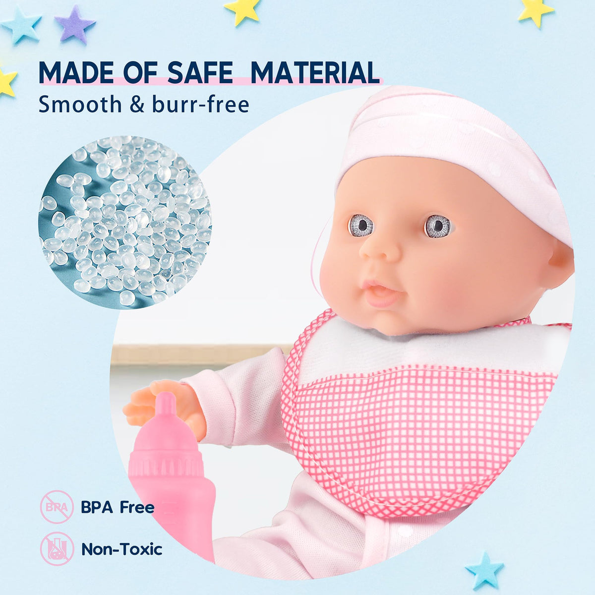 Toy Choi's baby-doll accessories include bottle and pacifier for pretend meals.