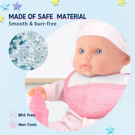 Toy Choi's baby-doll accessories include bottle and pacifier for pretend meals.