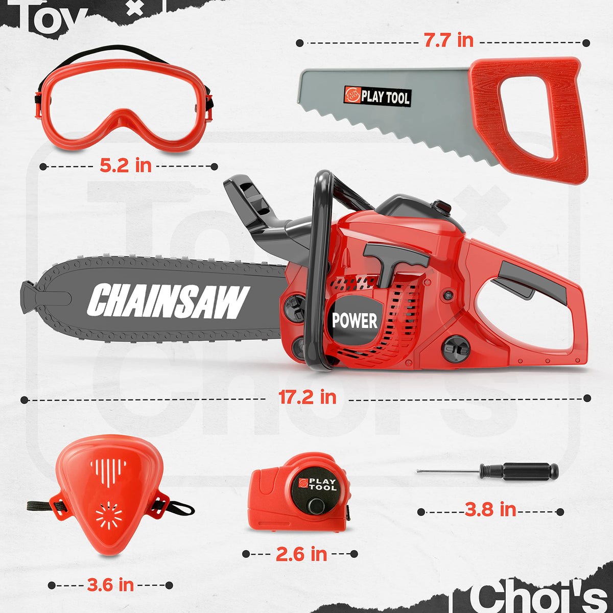 Toy Choi's toy chainsaw requires three AA batteries for action.