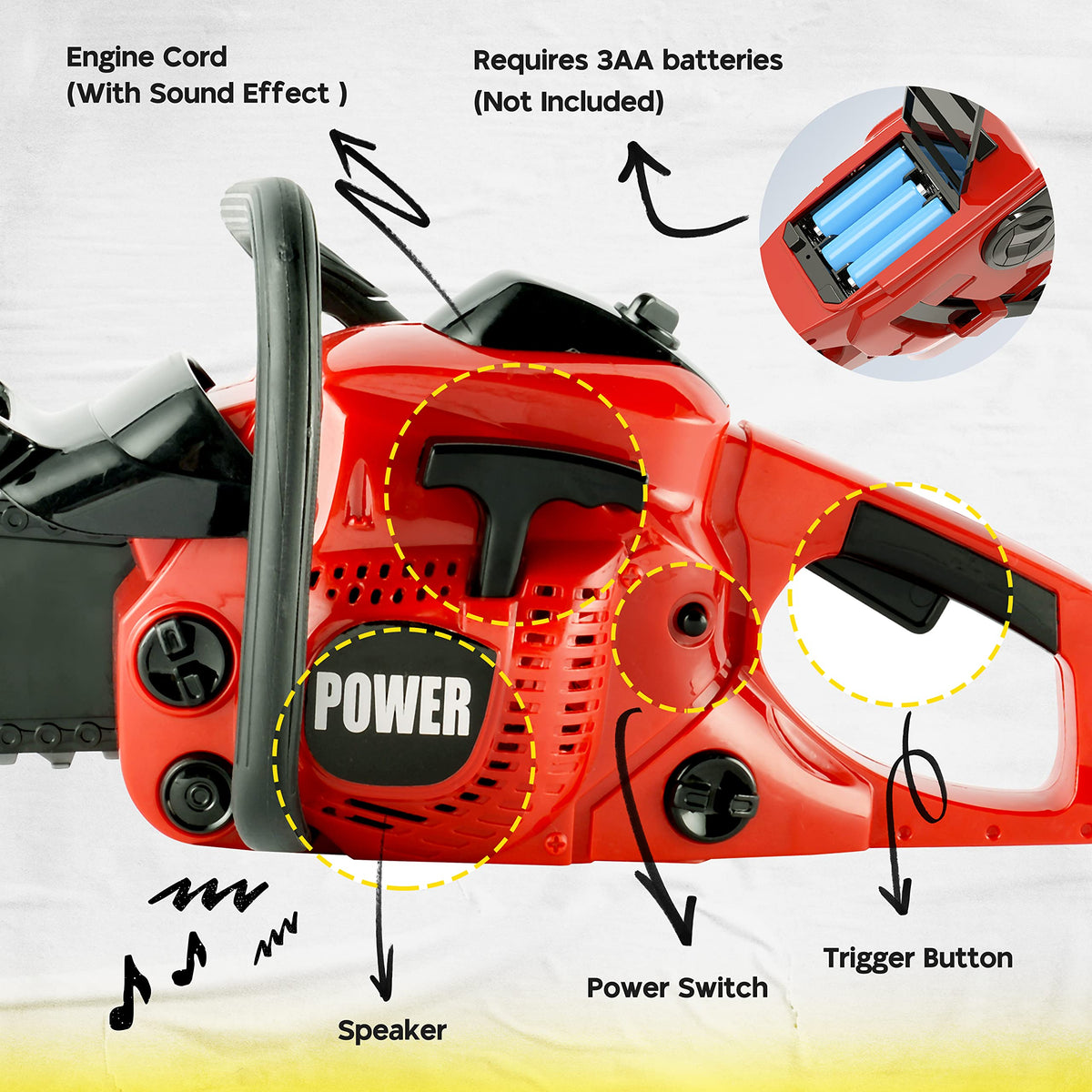 Toy Choi's toy chainsaw handheld design for easy outdoor pretend gardening.