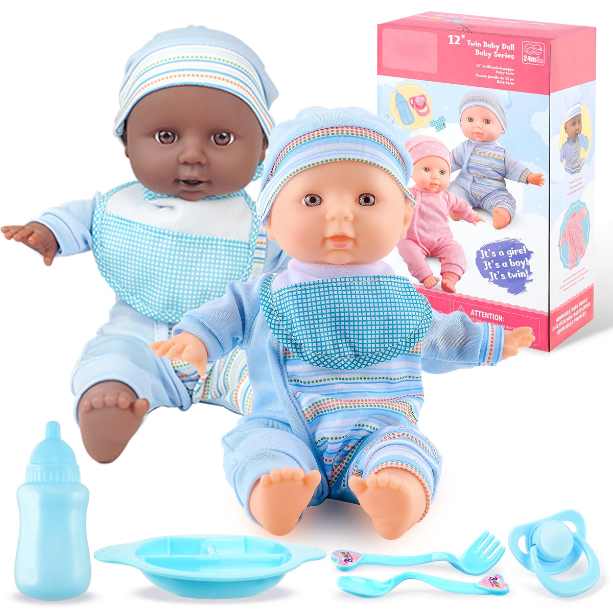 Toy Choi's Twin Baby Dolls in blue outfits for imaginative play