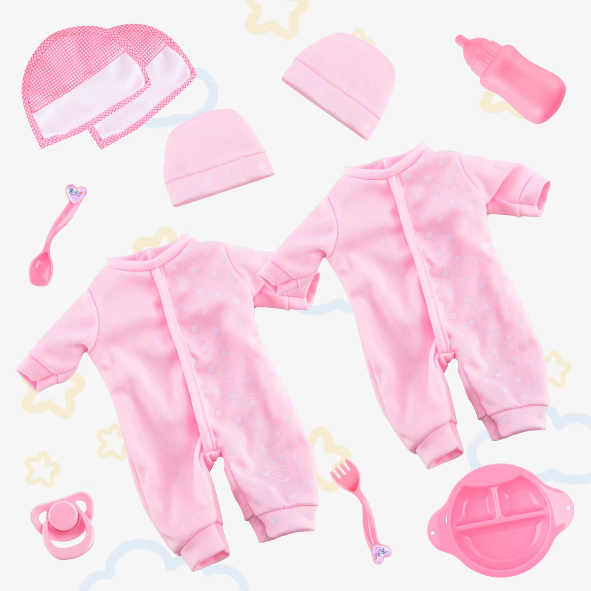 Toy Choi's twin dolls in pink outfits support interactive dress-up and care play.