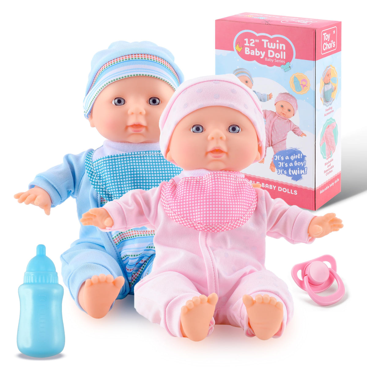 Toy Choi's twin dolls in matching outfits for imaginative dress-up play