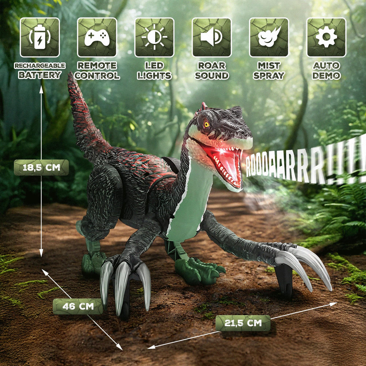 Toy Feast RC dinosaur LED lights enhance nighttime pretend play sessions.