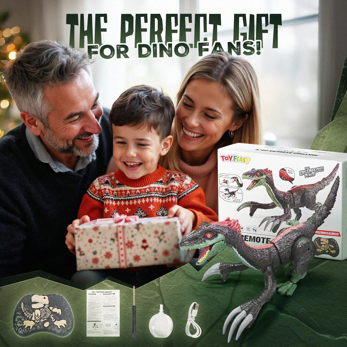 Toy Feast RC dinosaur USB C charging cable included for quick power ups.