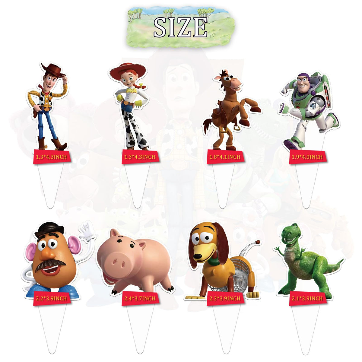 Toy Inspired Story Cupcake Toppers design patterns closeup with bright motifs