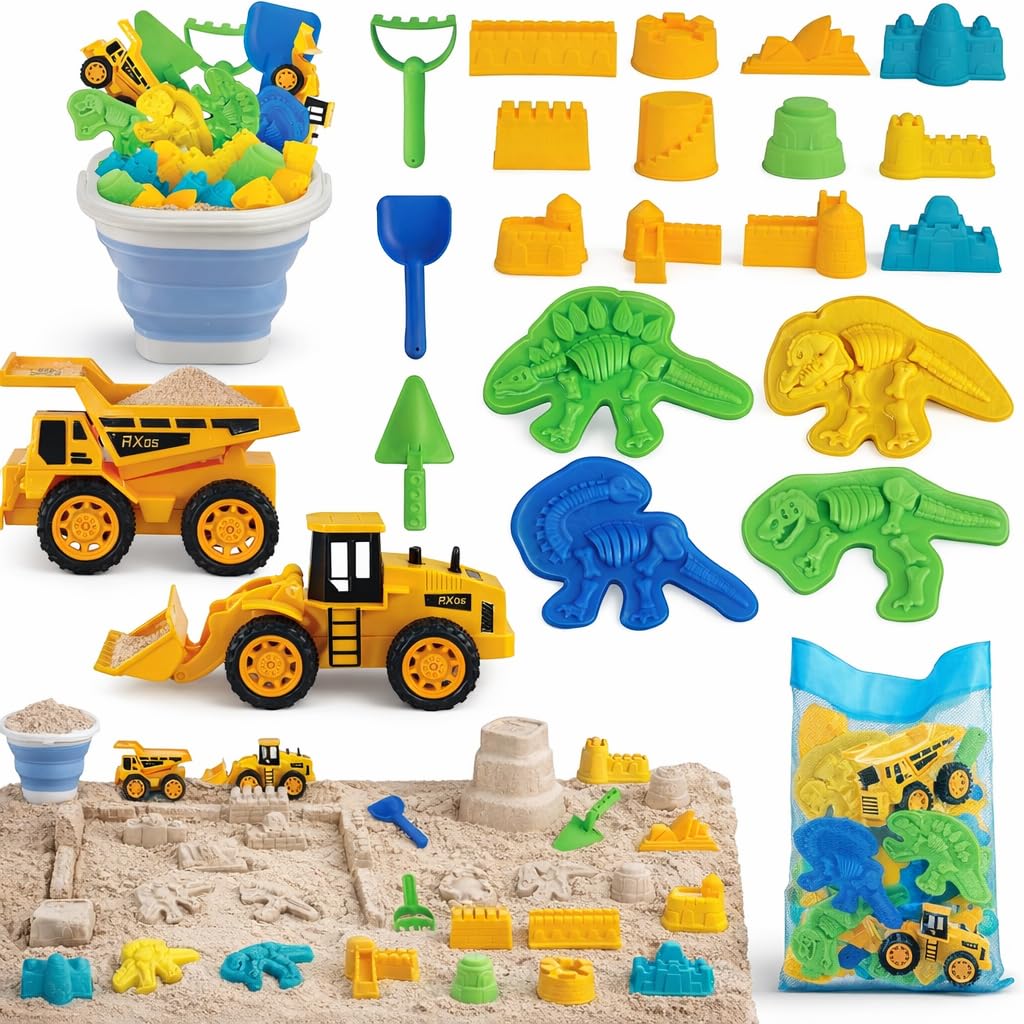 TOY Life 22 Pcs dinosaur beach toys with collapsible bucket for easy packing and beach play.