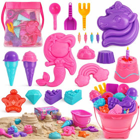 TOY Life 23Pcs unicorn beach toys with pink collapsible bucket for easy packing and play