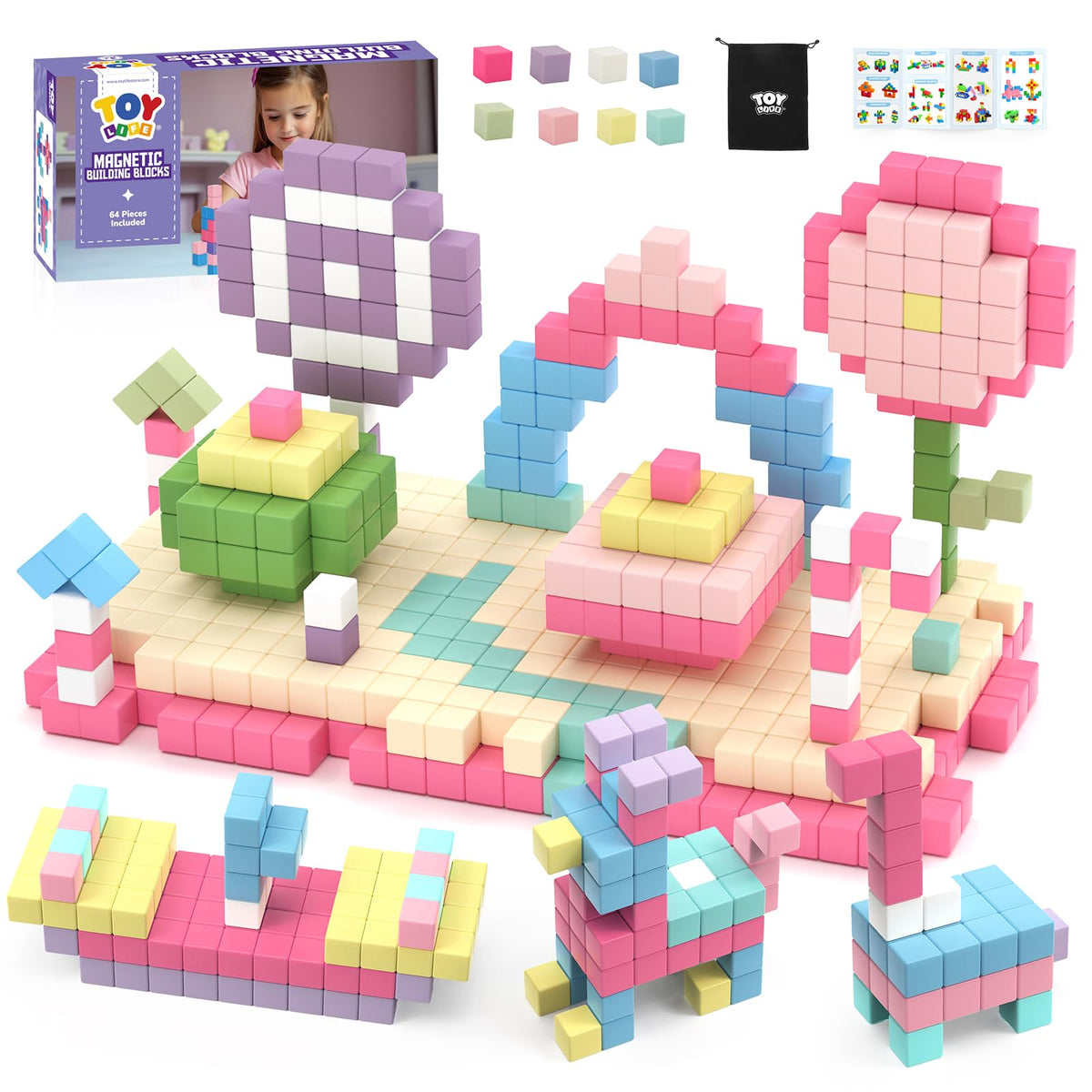 TOY Life 64-piece magnetic blocks in vibrant colors for creative play and early geometry exploration.