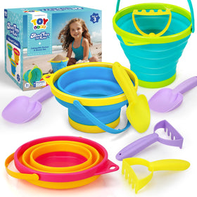 TOY Life 9-pack sand buckets set with collapsible design for easy beach storage.