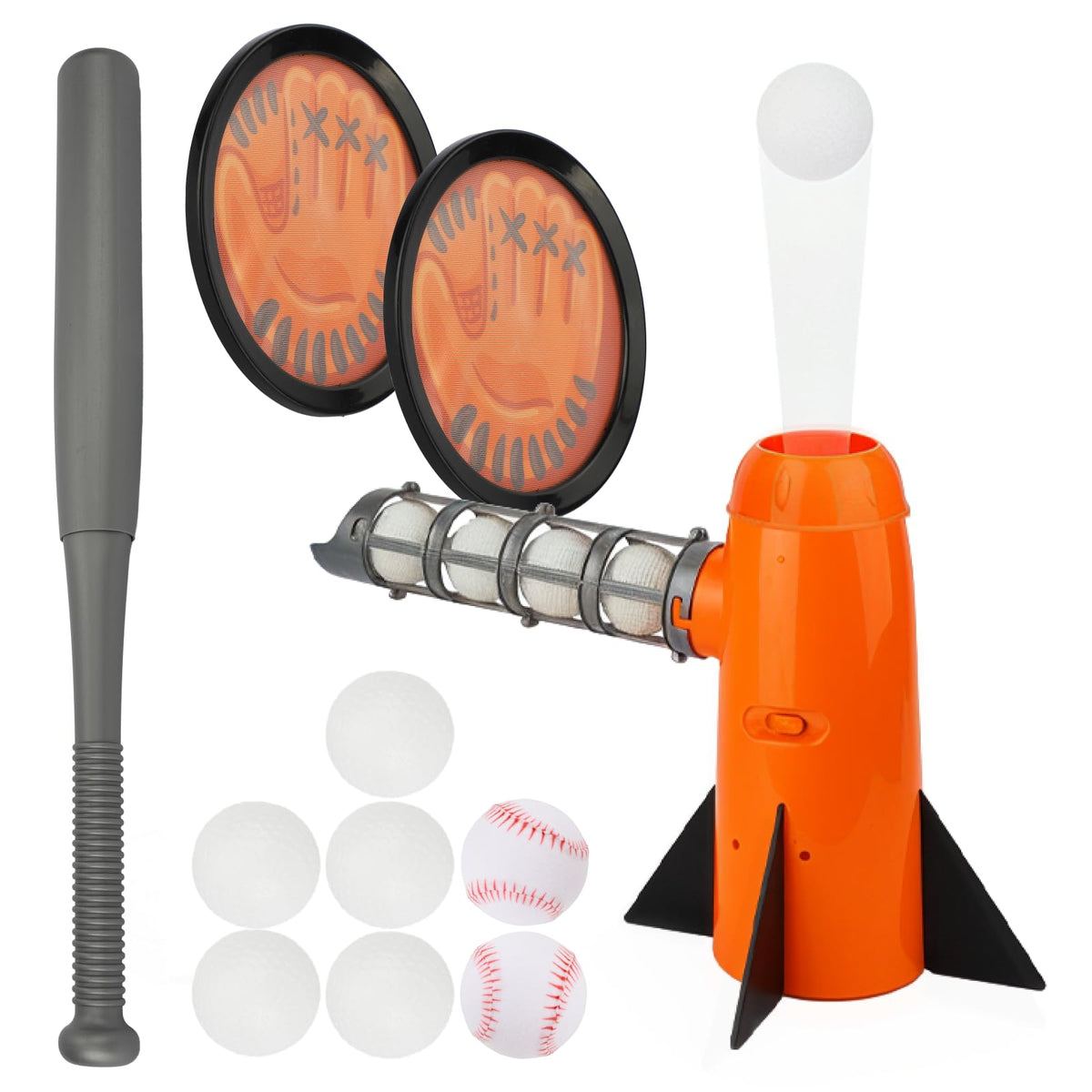 TOY Life baseball pitching machine with pop-and-pitch launcher shown for easy batting practice