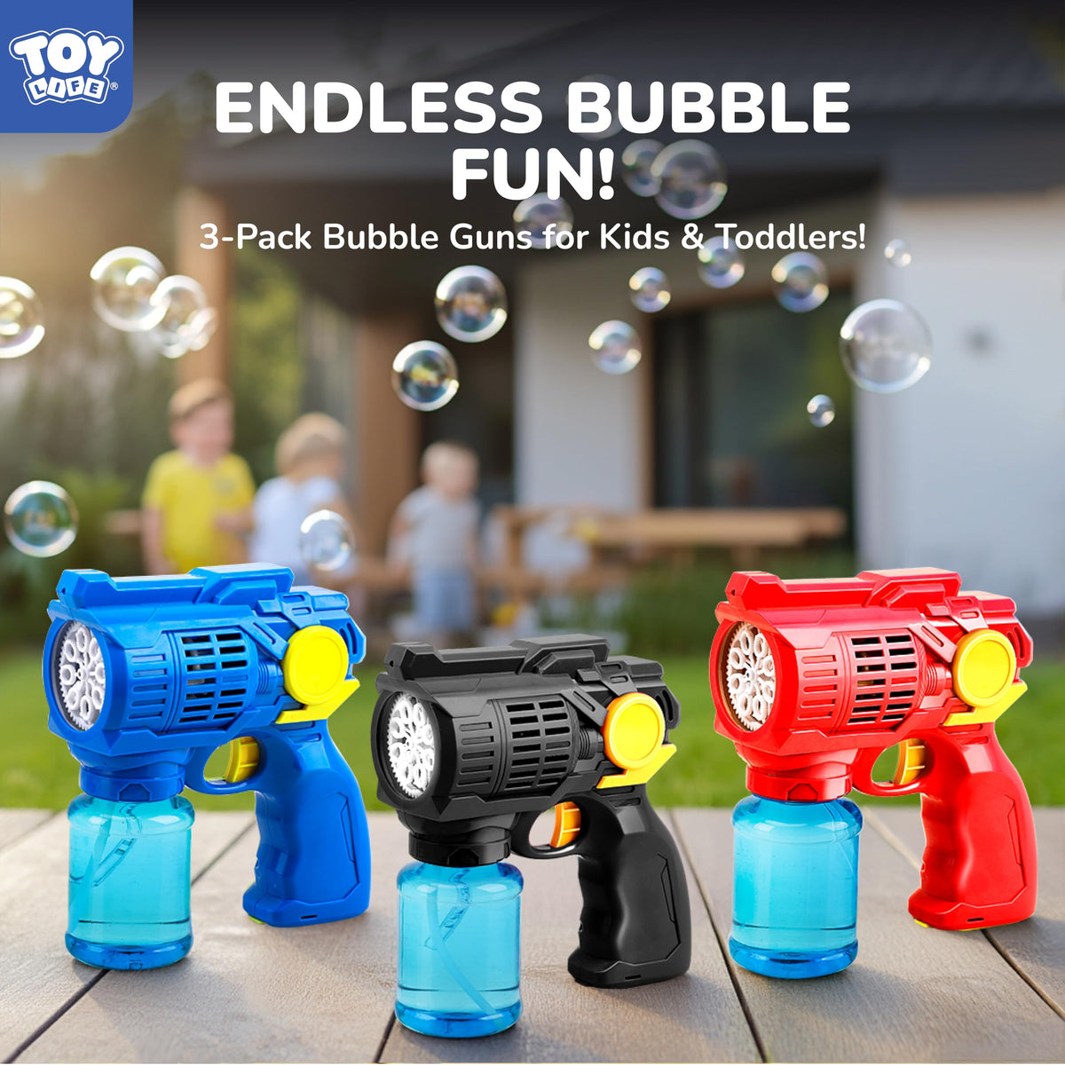 TOY Life bubble gun with easy battery setup for instant bubbling.