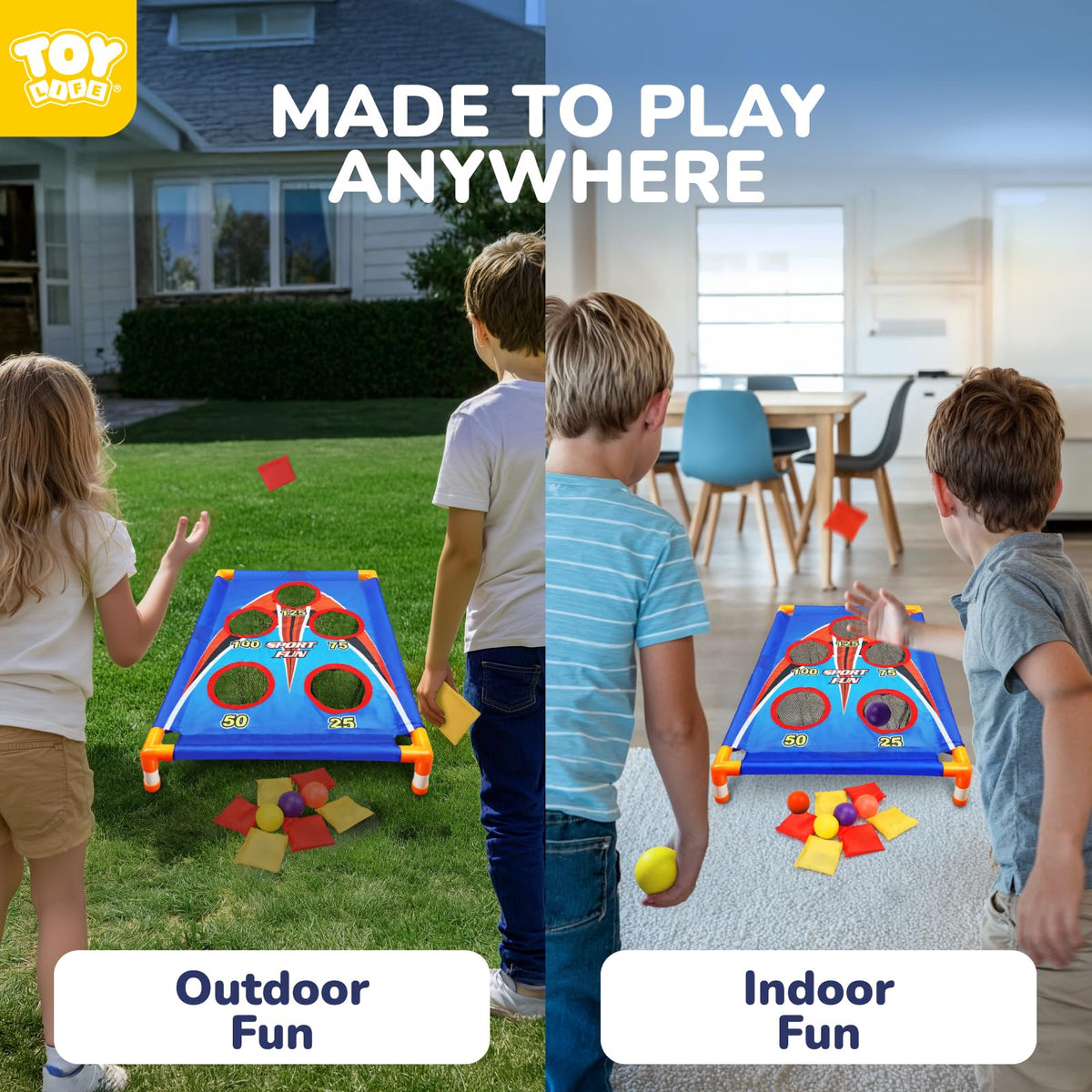TOY Life Bean Bags Toss kid-throw captures kids enjoying a safe, active outdoor game.