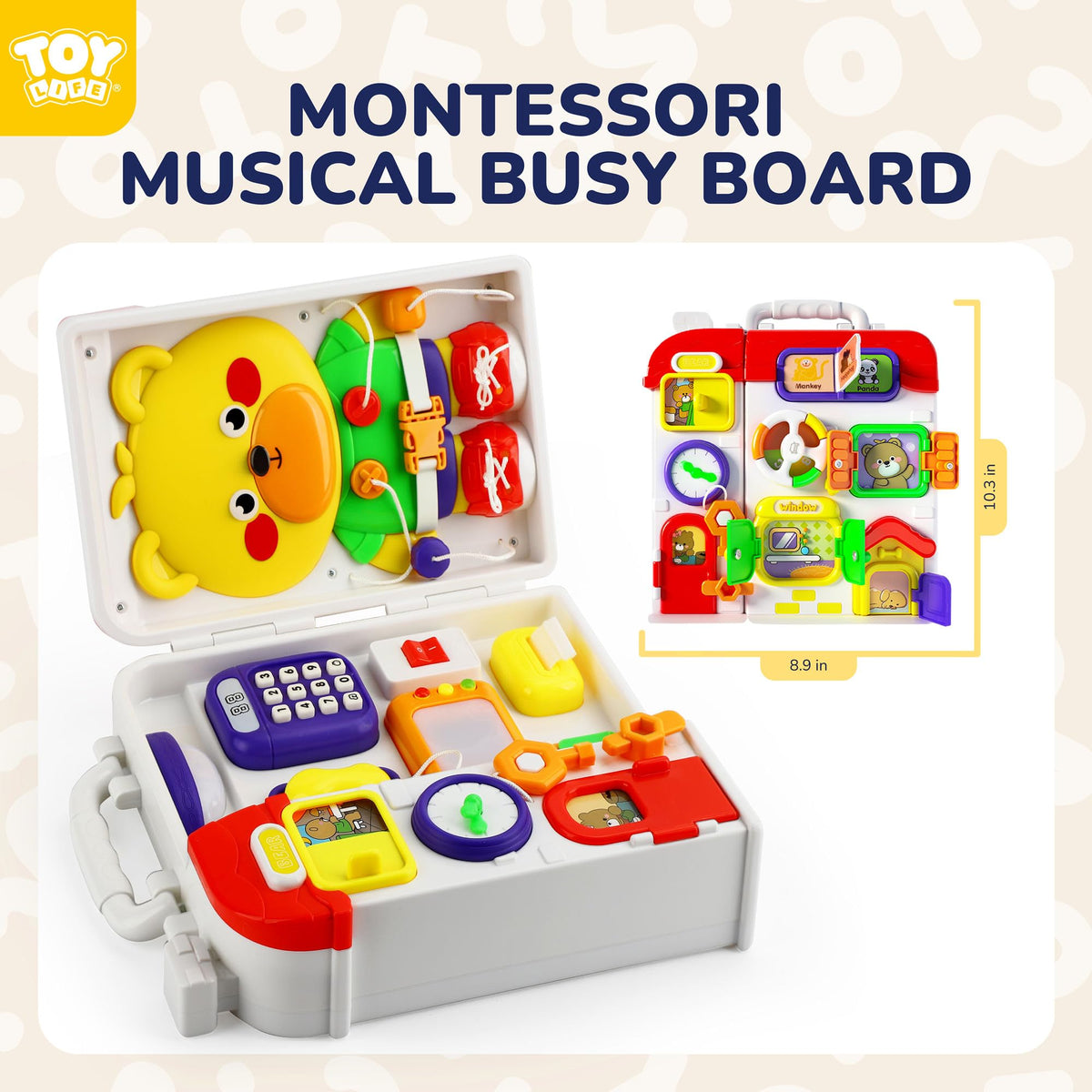 TOY Life Busy Board requires 3 AA batteries to power melodies and lights.