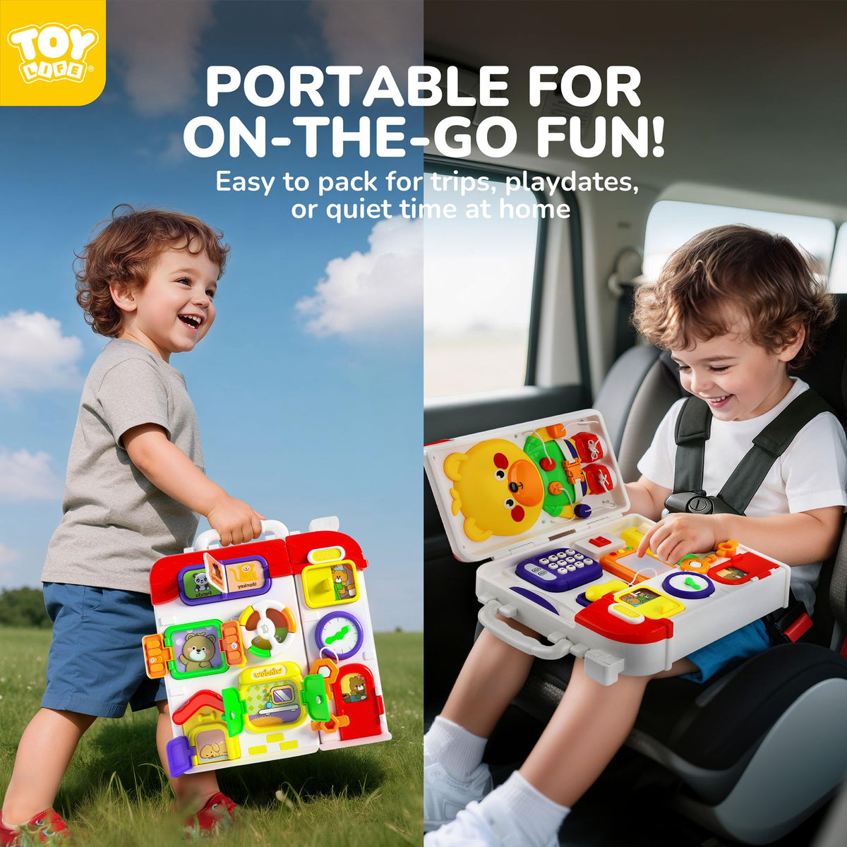 TOY Life Busy Board features lacing and brushing stations to boost hand-eye coordination.