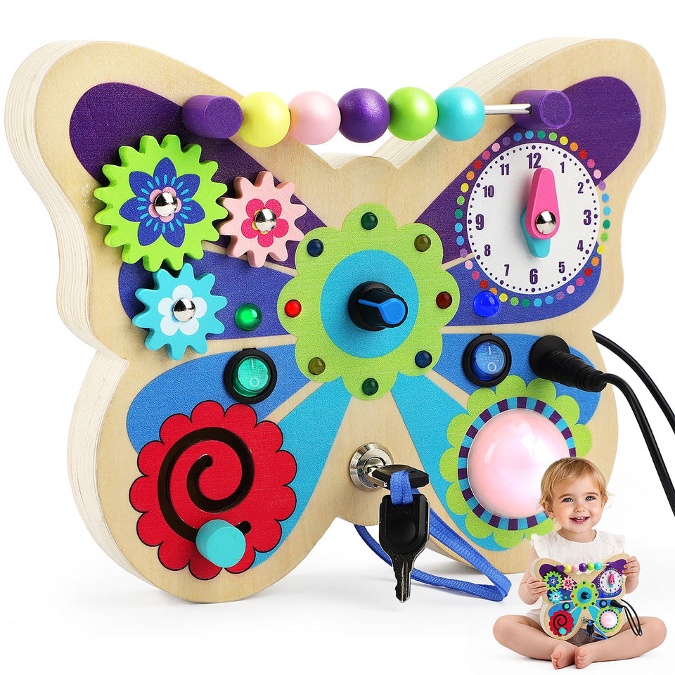 TOY Life butterfly busy board front view promotes tactile exploration for toddlers