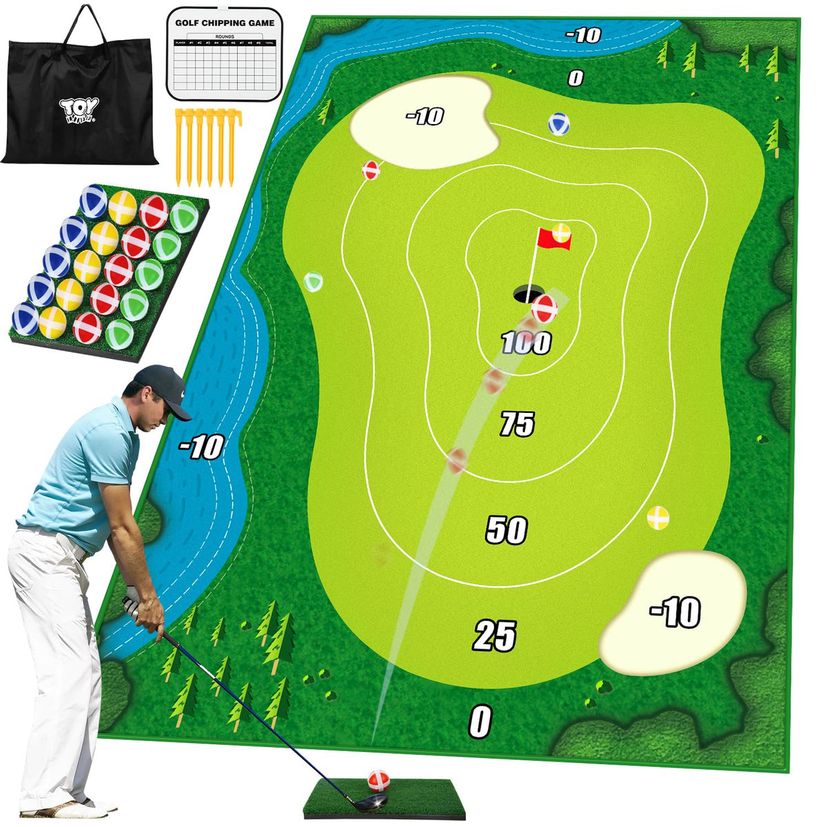 TOY Life chipping golf mat shows a large practice surface for versatile use indoors or outdoors.