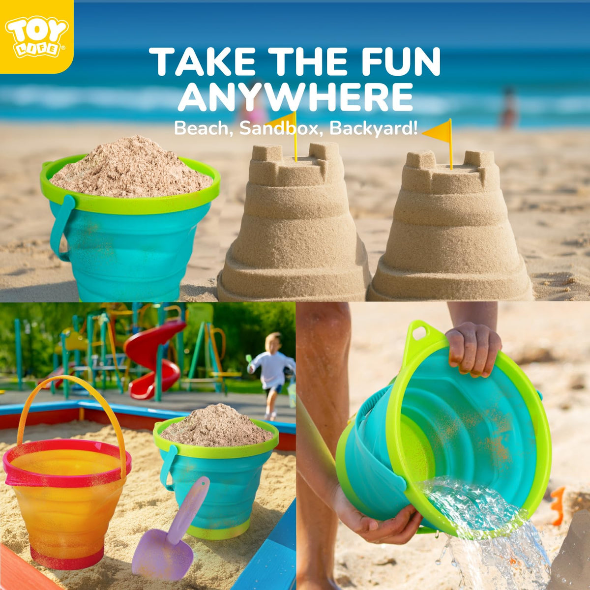TOY Life collapsible buckets in use by kids at the beach.