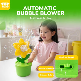 TOY Life battery-powered bubble blower is portable for indoor and outdoor use.