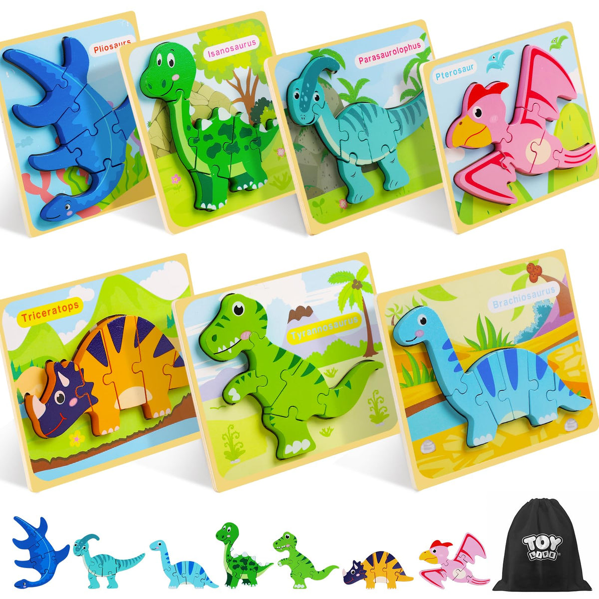 TOY Life dinosaur puzzle set with bright 6-7-piece pieces to boost fine motor skills.