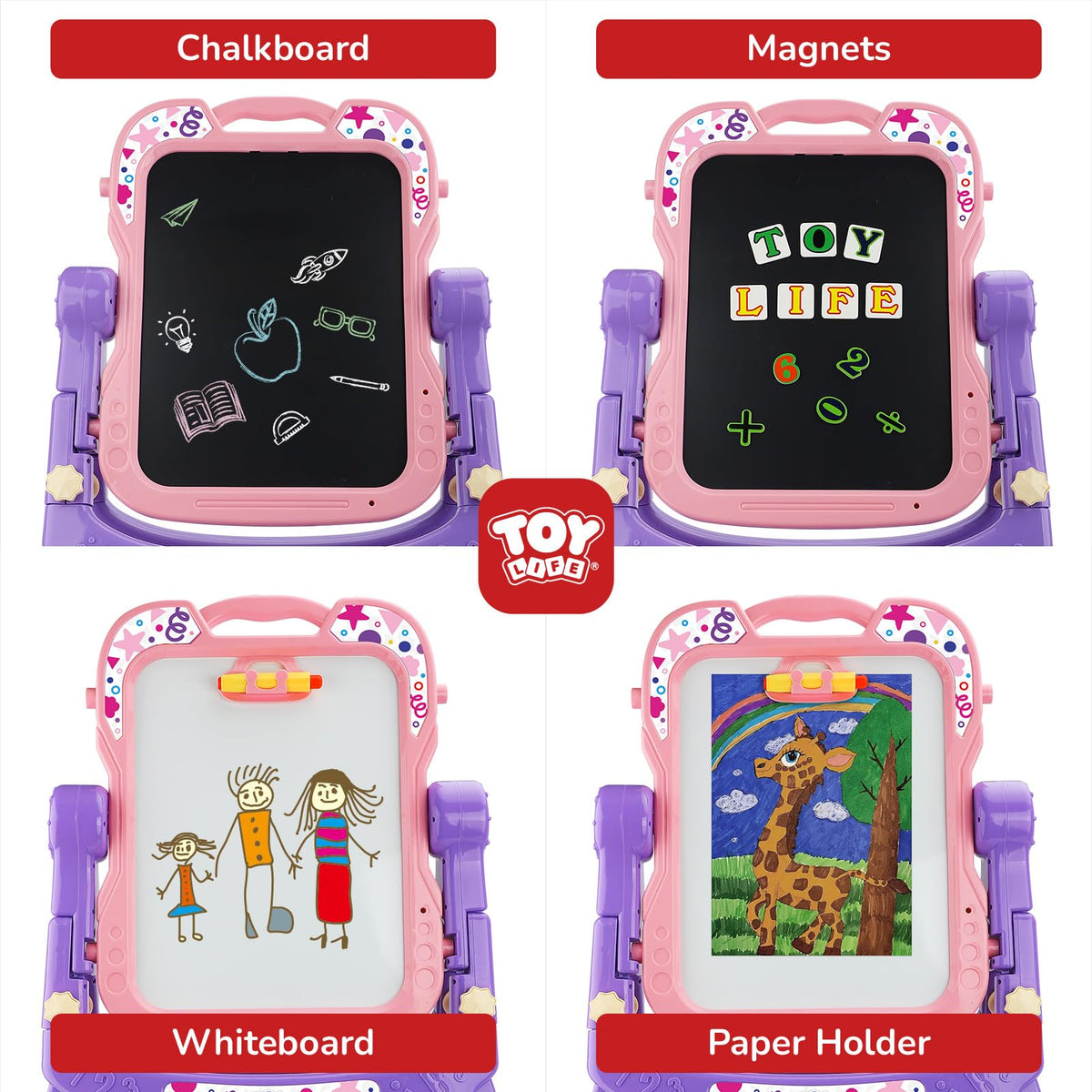 TOY Life pink easel with dry erase surface for doodling and easy cleanup.