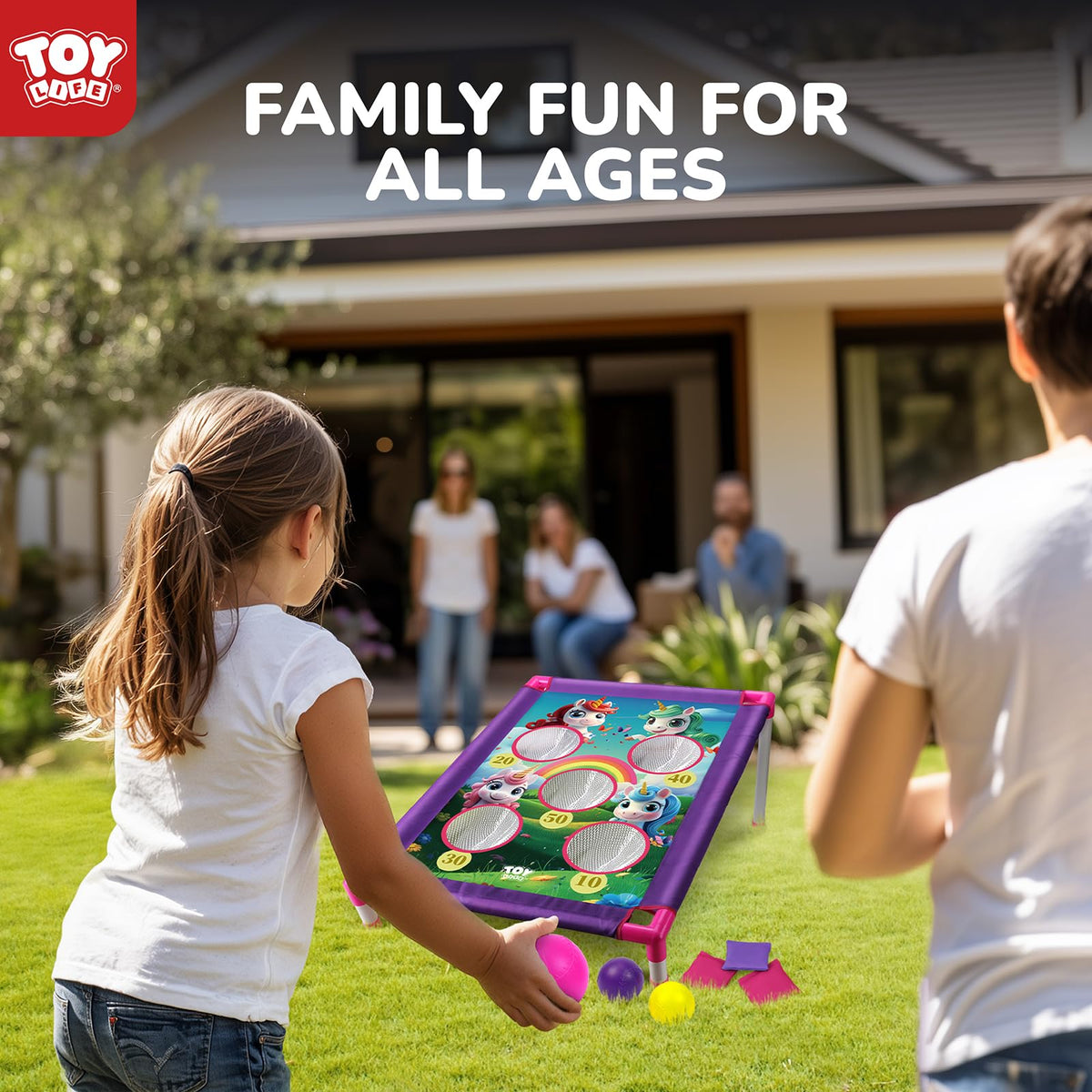 TOY Life family enjoying a backyard game with unicorn theme.