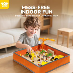 Foldable sandbox inside bin by TOY Life keeps sand contained and tidy