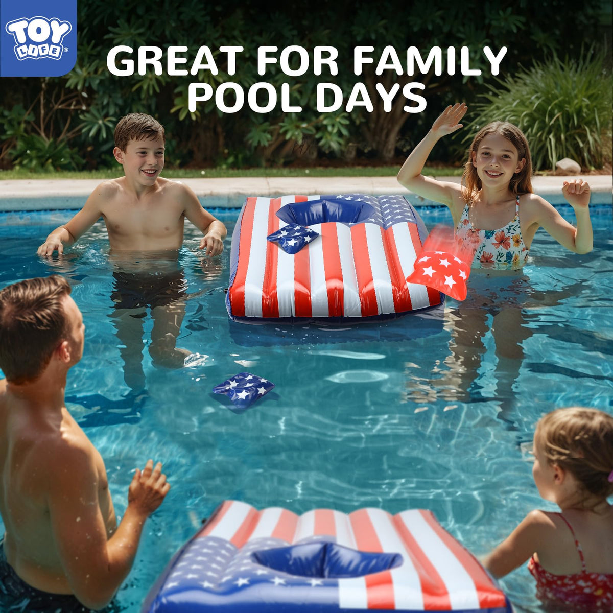 TOY Life inflatable cornhole with red and blue bean bags for pool play.