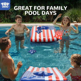 TOY Life inflatable cornhole with red and blue bean bags for pool play.
