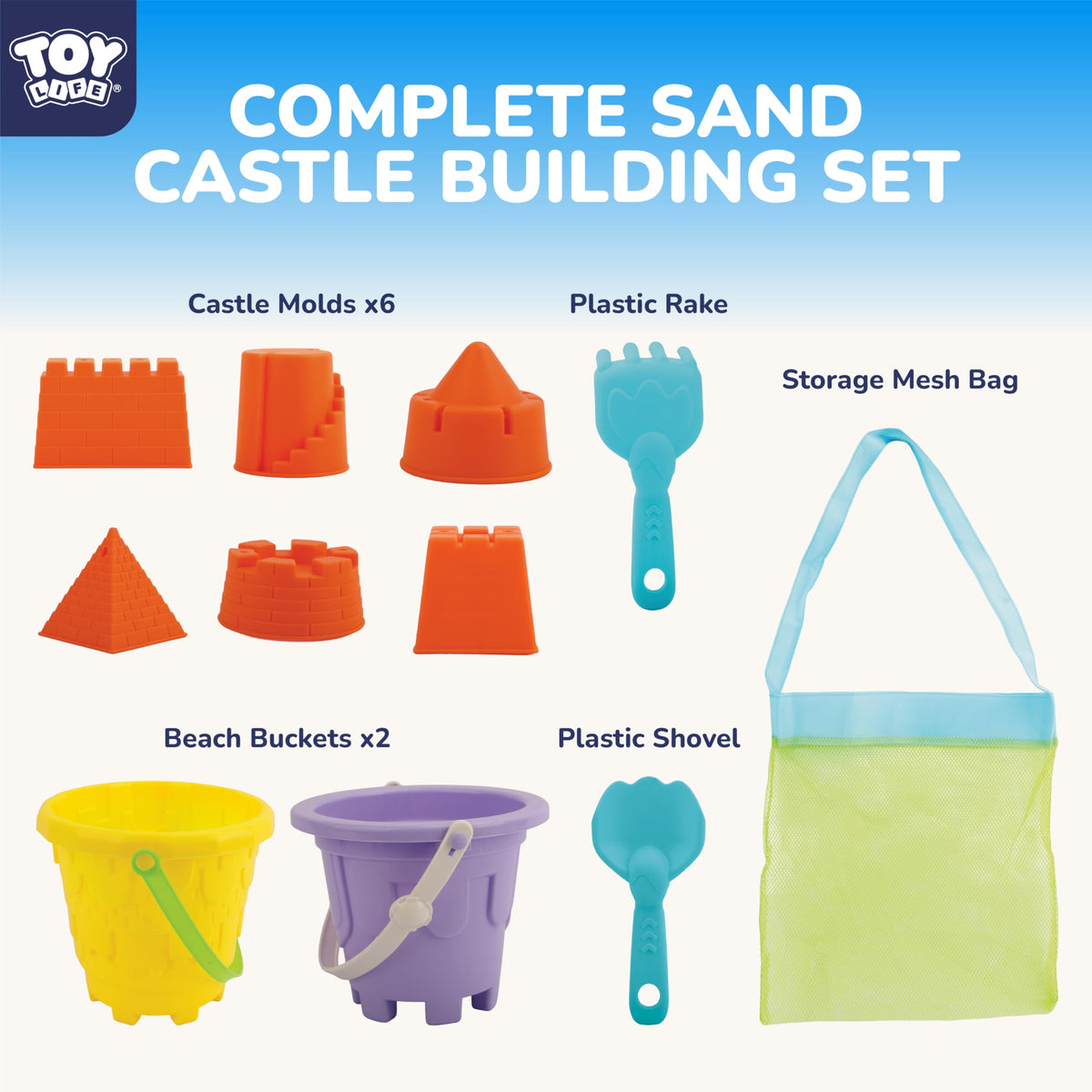 TOY Life six sand molds inspire creative castle designs by the shore.
