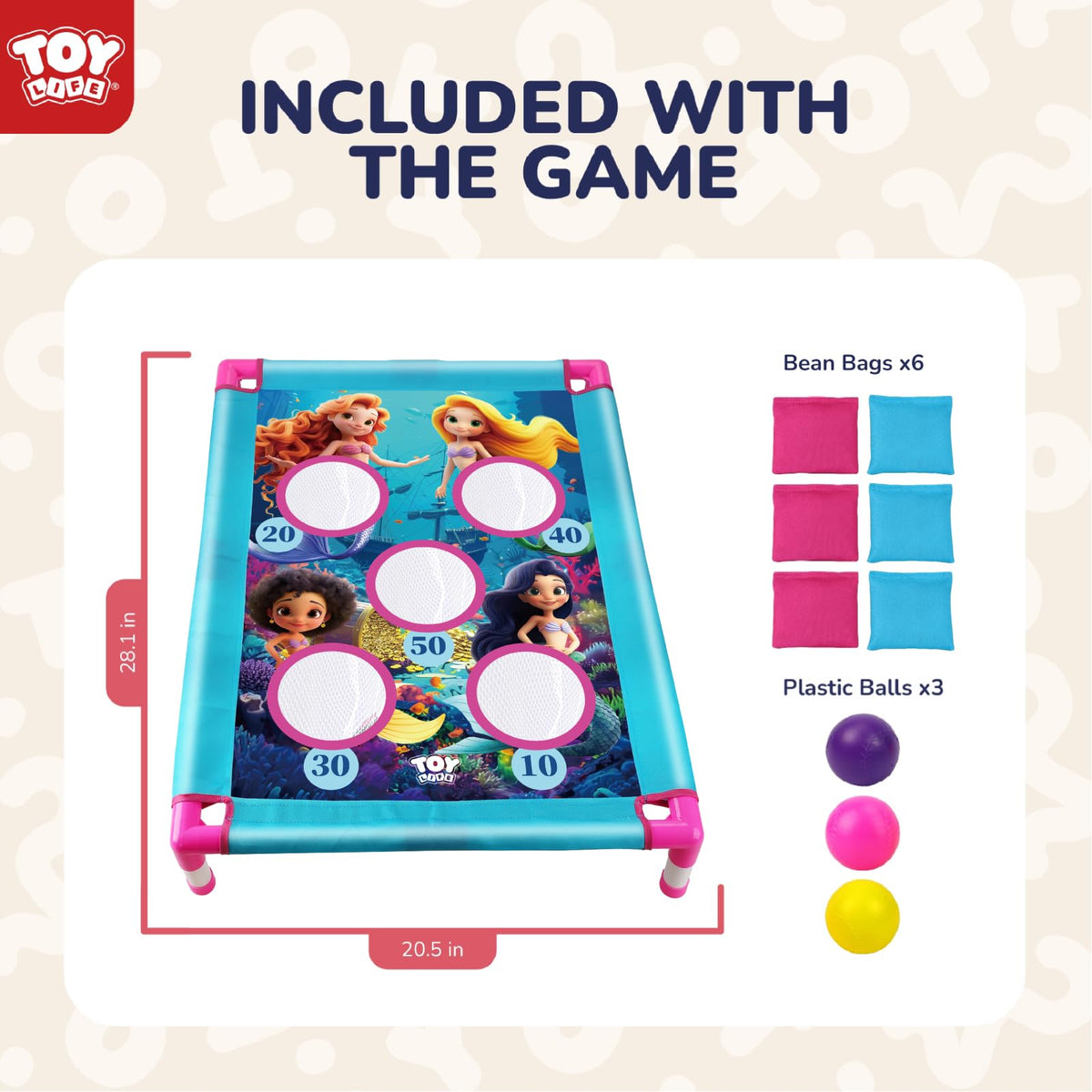TOY Life Mermaid bean bag toss setup shown in a sunny backyard.