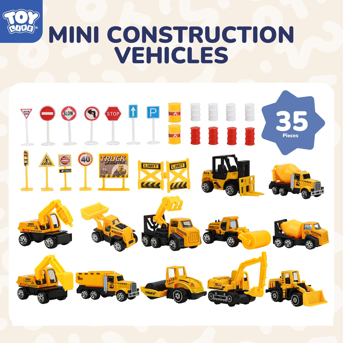 TOY Life mini vehicles serve as cake toppers and party decorations for construction-themed celebrations.