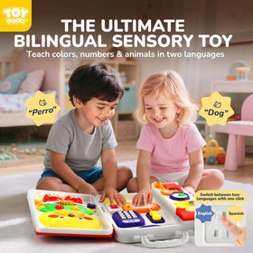 TOY Life Montessori Busy Board shows English-Spanish numbers for bilingual early learning.