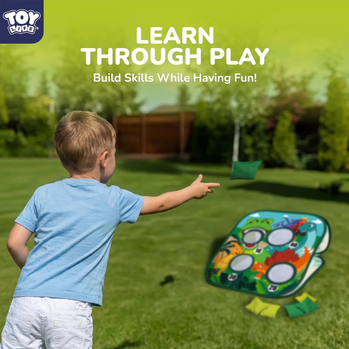 Kids playing outdoor cornhole with TOY Life set