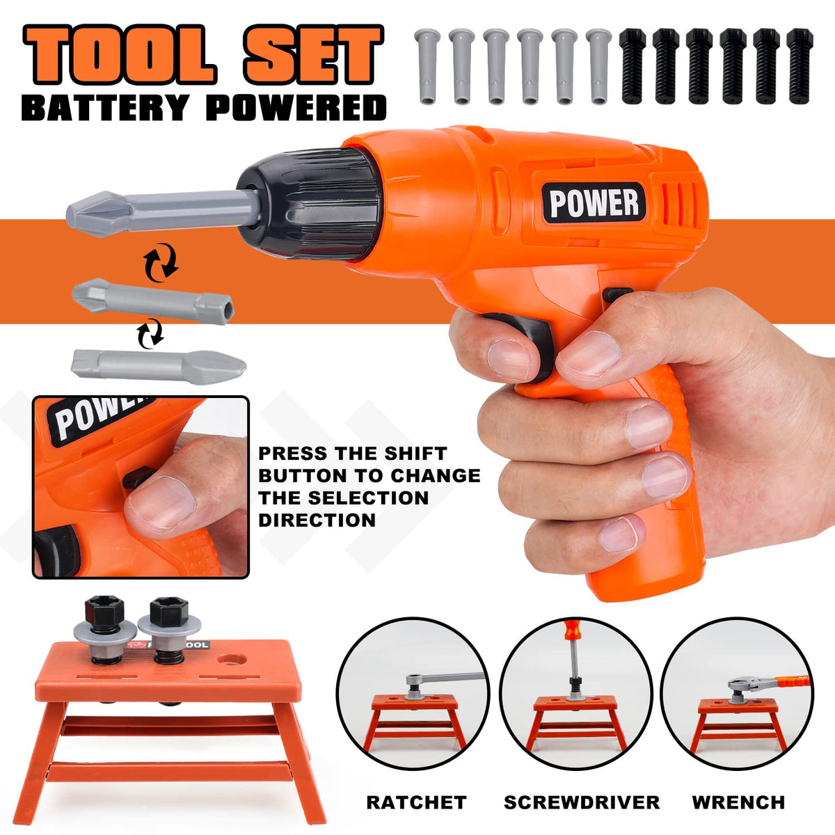 TOY Life realistic electric drill powered by batteries for authentic pretend play